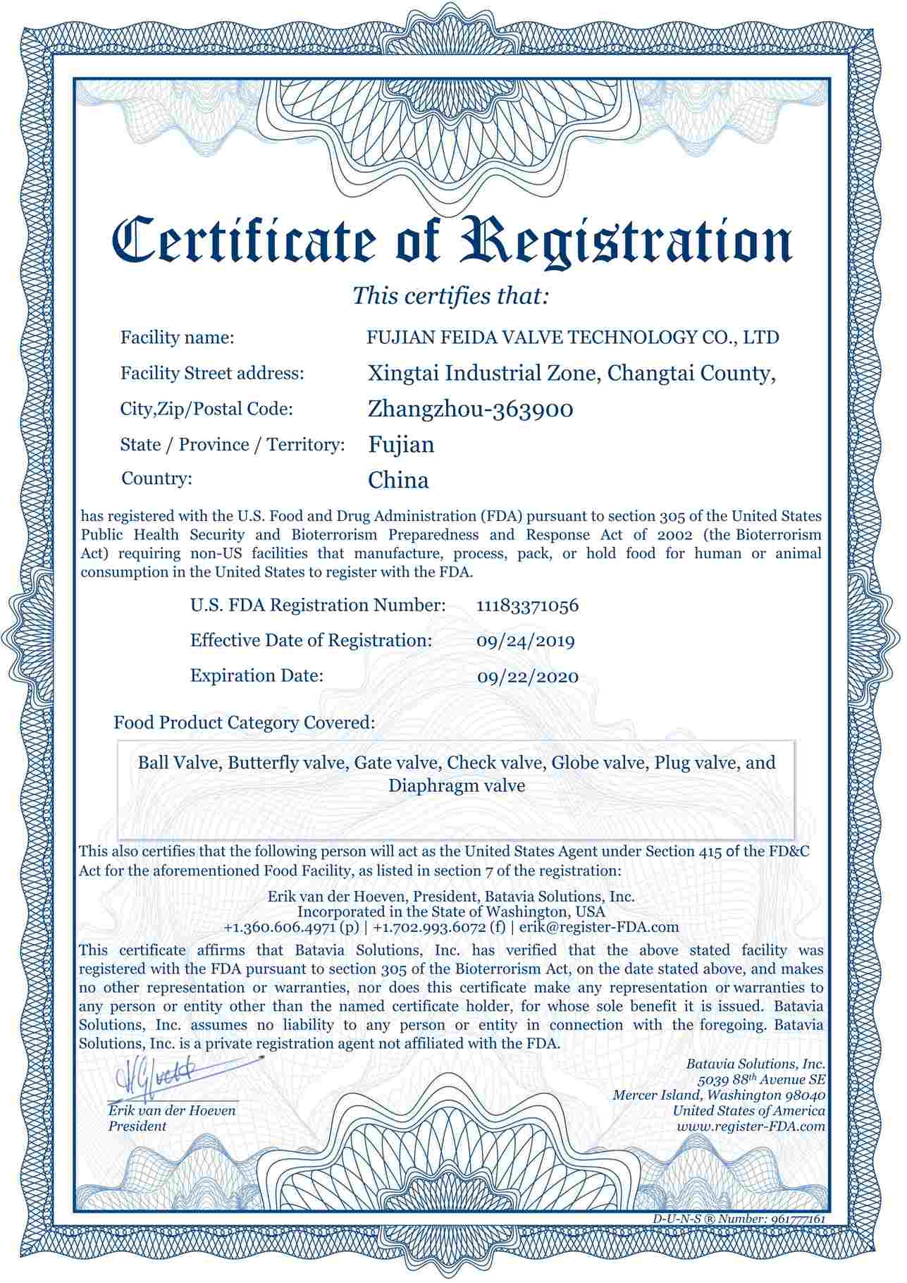 U.S Food and Drug Adminstration(FDA) Certificate